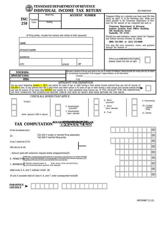 Form Inc 250 - Individual Income Tax Return - 2013 Printable pdf