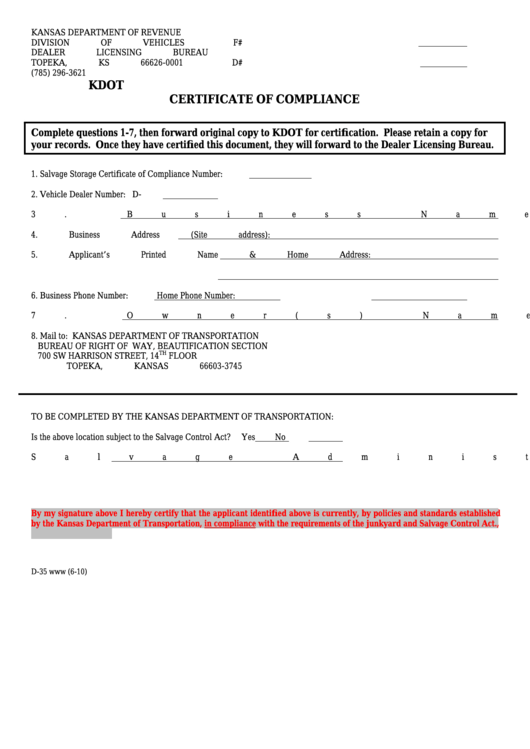 Fillable Form D35 Kdot Certificate Of Compliance printable pdf download