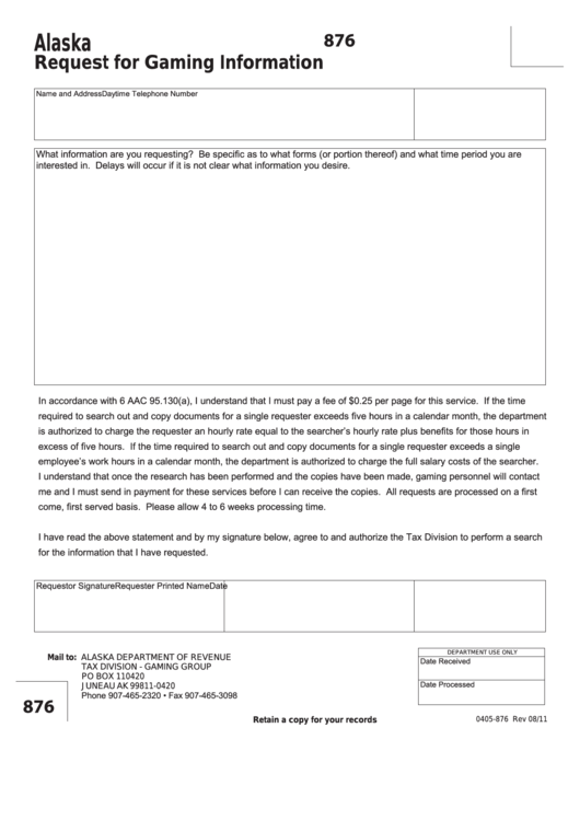 Form 876 - Alaska Request For Gaming Information Printable pdf