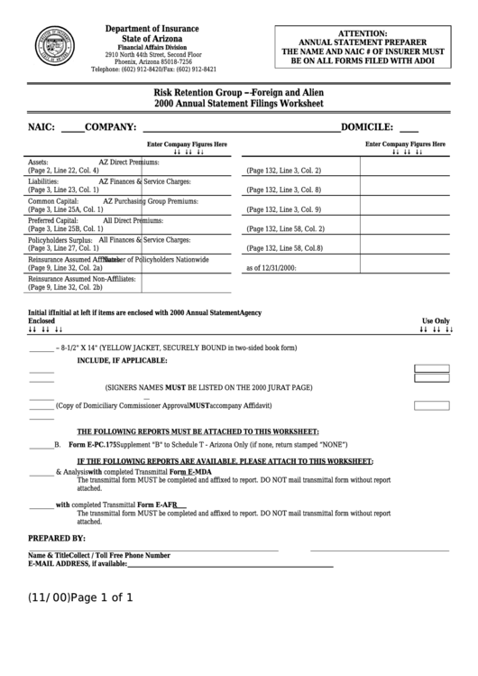 Form E-Rrg.as - Risk Retention Group - Foreign And Alien Annual Statement Filings Worksheet - 2000 Printable pdf