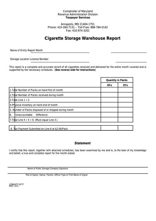Fillable Form Com/att-027t - Cigarette Storage Warehouse Report Printable pdf