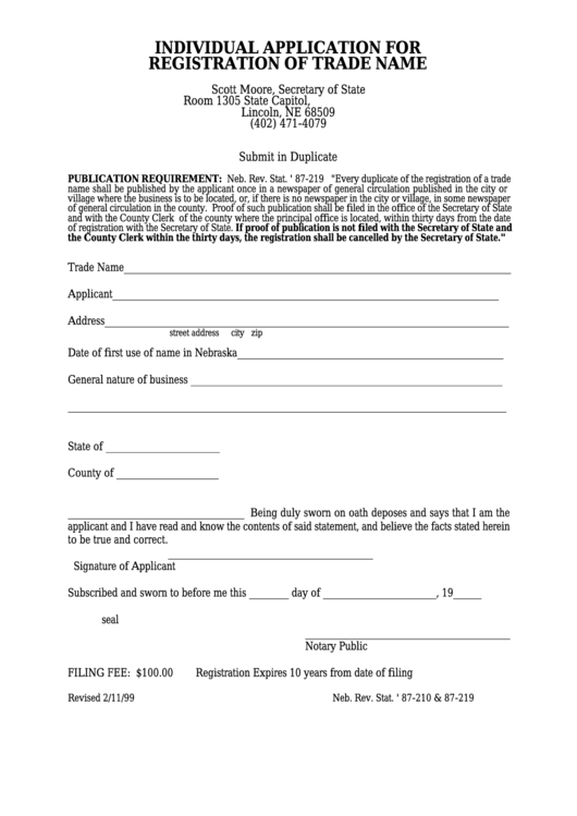 Individual Application For Registration Of Trade Name - Nebraska Secretary Of State Printable pdf