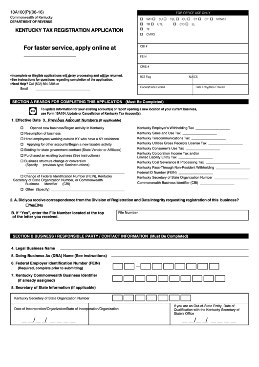 Fillable Form 10a100(P) - Kentucky Tax Registration Application Printable pdf