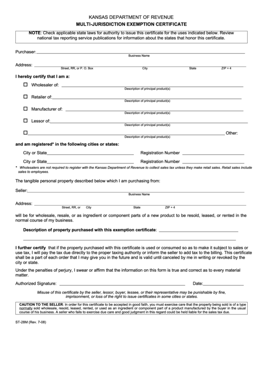 Fillable Form St-28m - Multi-Jurisdiction Exemption Certificate - 2008 Printable pdf