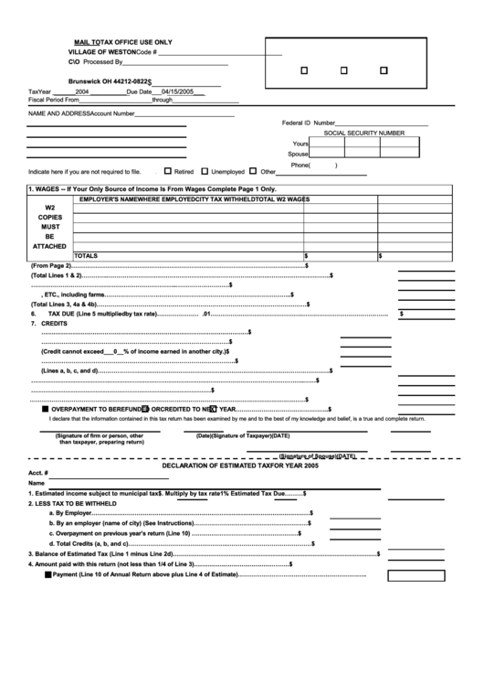 Declaration Of Estimated Tax For Year 2005 - Village Of Weston Printable pdf