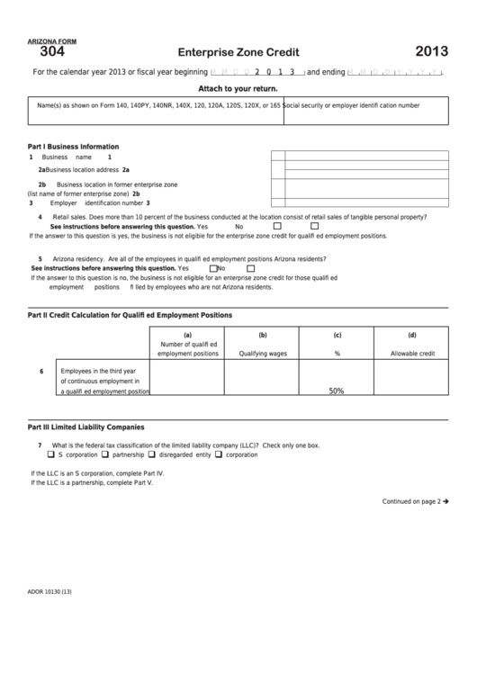 Fillable Arizona Form 304 - Enterprise Zone Credit - 2013 Printable pdf