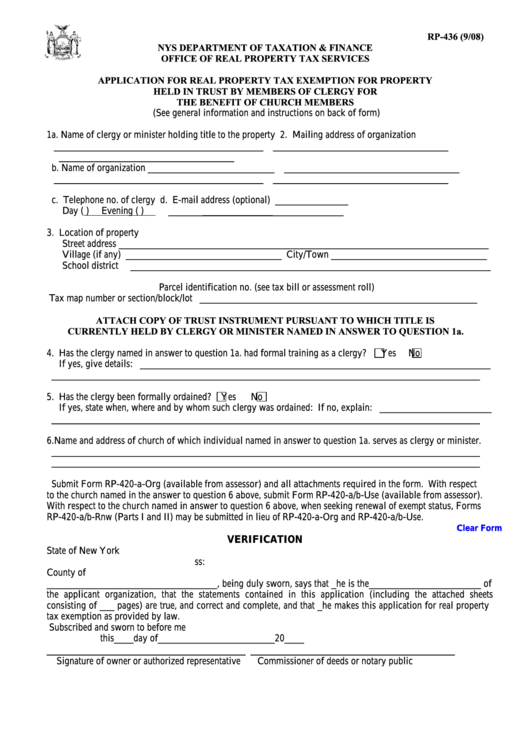 Fillable Form Rp-436 - Application For Real Property Tax Exemption For Property Held In Trust By Members Of Clergy For The Benefit Of Church Members Printable pdf
