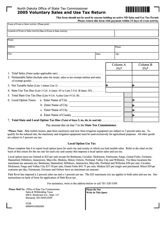 Fillable Form F22b - 2005 Voluntary Sales And Use Tax Return - North Dakota Office Of State Tax Commissioner Printable pdf