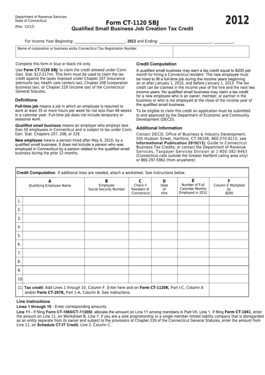 Form Ct-1120 Sbj - Qualified Small Business Job Creation Tax Credit - 2012 Printable pdf