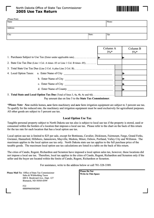 Fillable Use Tax Return - North Dakota Office Of State Tax Commissioner - 2005 Printable pdf