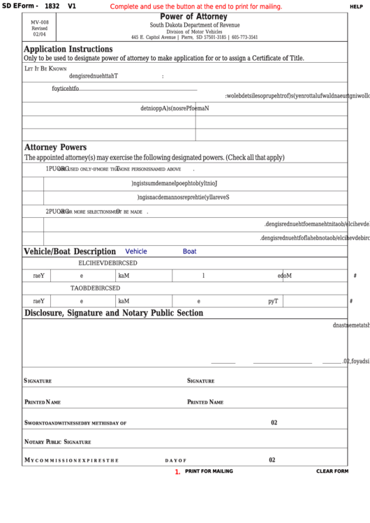 Fillable Form Mv-008 - Power Of Attorney Printable pdf