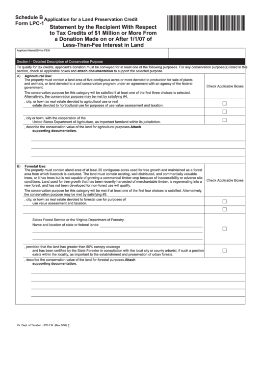 Fillable Schedule B Form Lpc-1 - Application For A Land Preservation Credit Statement By The Recipient With Respect To Tax Credits Of 1 Million Or More From A Donation Made On Or After 1/1/07 Of Less-Than-Fee Interest In Land Printable pdf