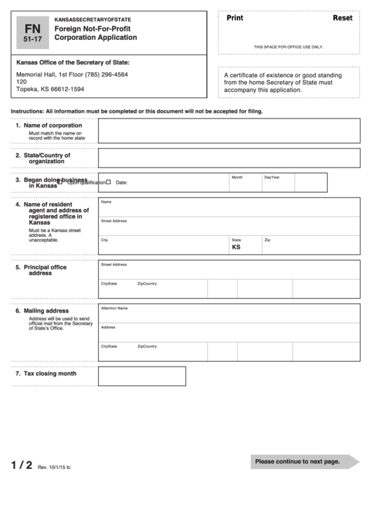 Fillable Form Fn 51-17 - Foreign Not-For-Profit Corporation Application - Kansas Secretary Of State - 2015 Printable pdf