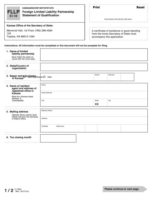 Fillable Form Fllp 51-18 - Foreign Limited Liability Partnership Statement Of Qualification - Kansas Secretary Of State Printable pdf