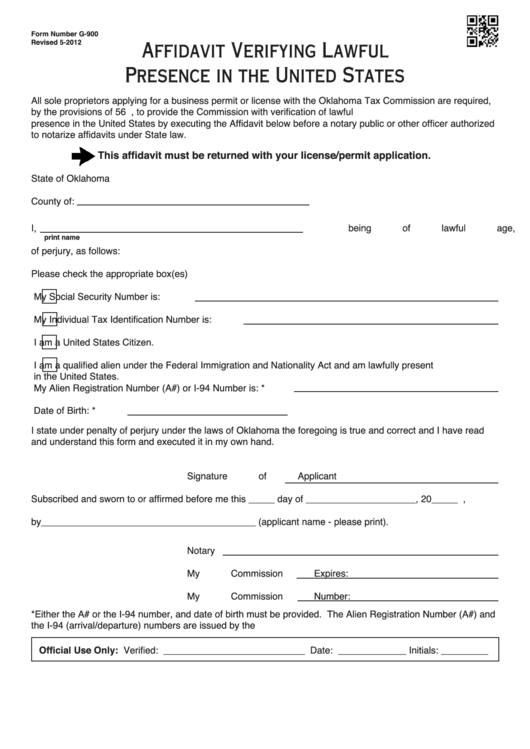 Fillable Form G-900 - Affidavit Verifying Lawful Presence In The United States Printable pdf