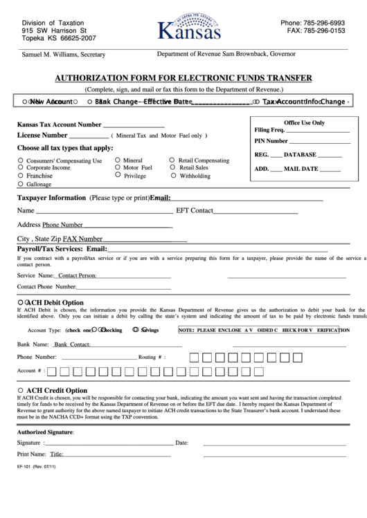 Fillable Form Ef-101 - Authorization Form For Electronic Funds Transfer - Kansas Division Of Taxation Printable pdf