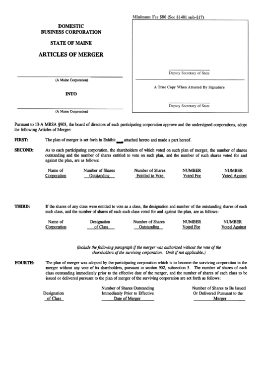 Form Mbca-I0 - Articles Of Merger For A Domestic Business Corporation - Maine Secretary Of State Printable pdf