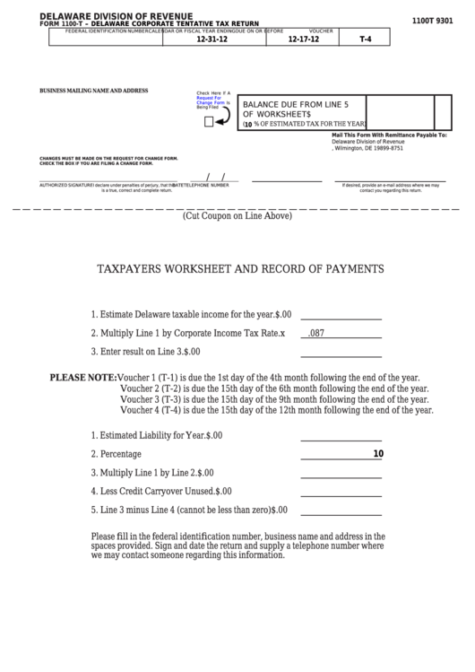 Fillable Form 1100-T - Delaware Corporate Tentative Tax Return Printable pdf