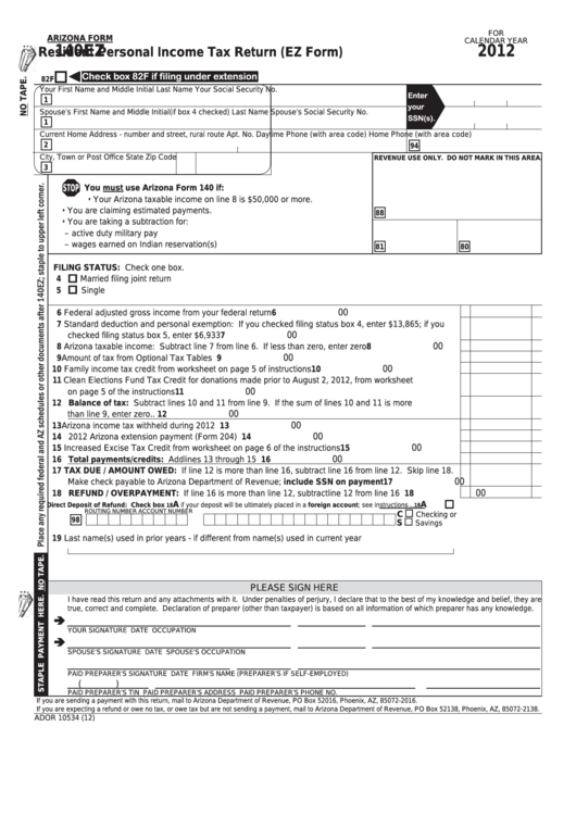 Fillable Arizona Form 140ez - Resident Personal Income Tax Return (Ez Form) - 2012 Printable pdf