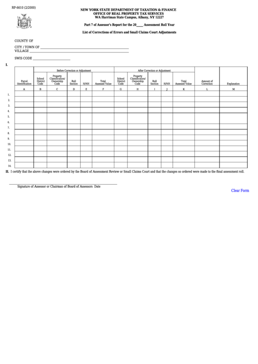 Fillable Form Rp-6610 - List Of Corrections Of Errors And Small Claims Court Adjustments Printable pdf