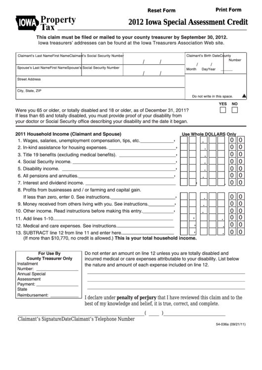 Fillable Form 54-036 - Iowa Special Assessment Credit - 2012 Printable pdf