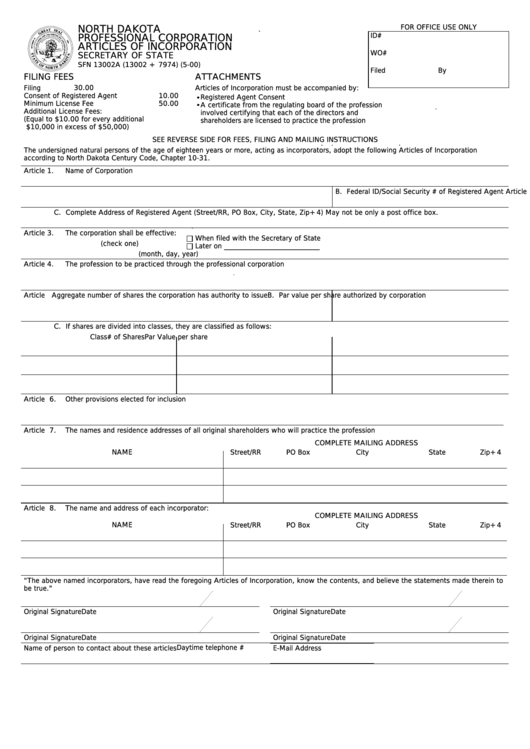 Form Sfn 13002a- Articles Of Incorporation For A North Dakota Professional Corporation Printable pdf