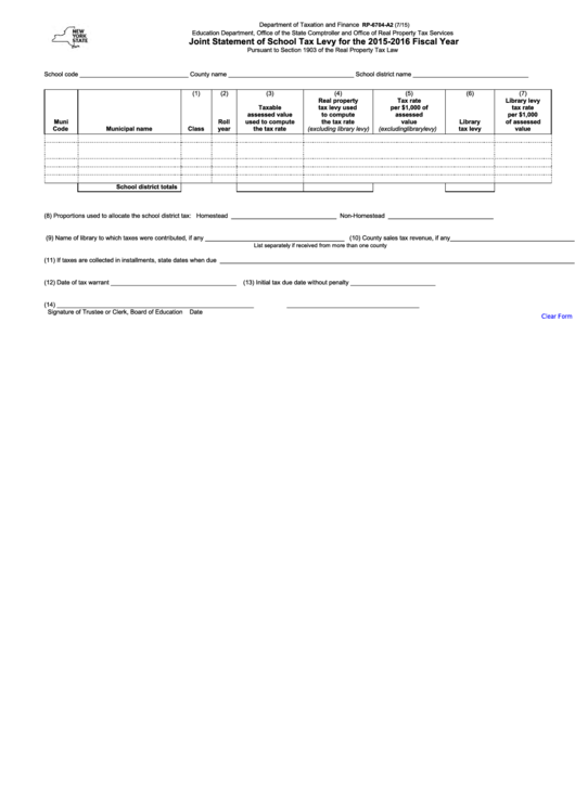 Fillable Form Rp-6704-A2 - Joint Statement Of School Tax Levy For The 2015-2016 Fiscal Year Printable pdf