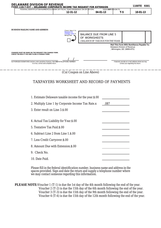 Fillable Form 1100-T-Ext - Delaware Corporate Income Tax Request For Extension Printable pdf
