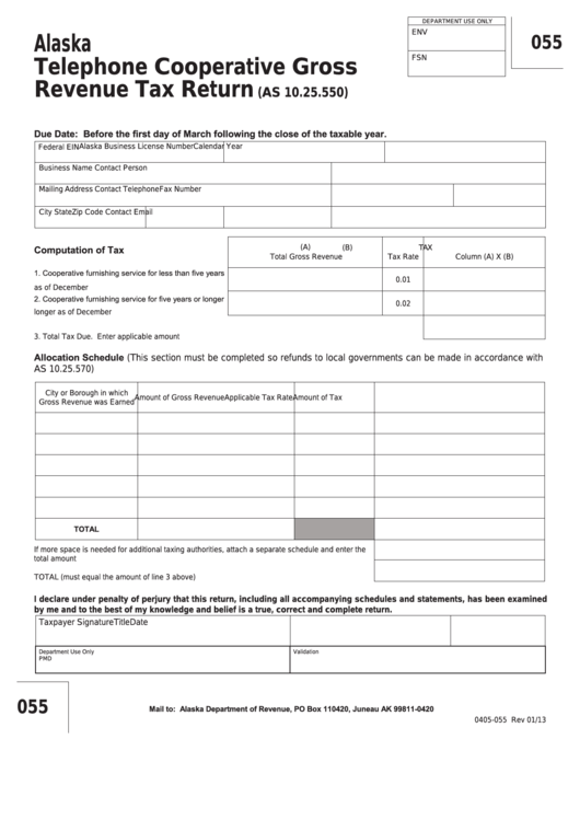 Form 0405-055 - Alaska Telephone Cooperative Gross Revenue Tax Return Printable pdf
