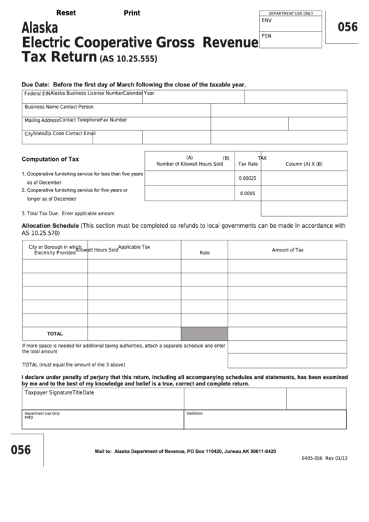 Fillable Form 0405-056 - Alaska Electric Cooperative Gross Revenue Tax Return Printable pdf