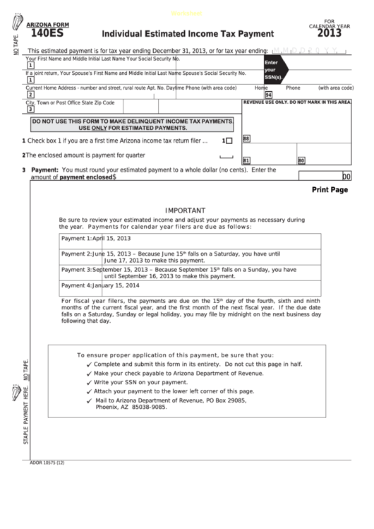 Fillable Arizona Form 140es - Individual Estimated Income Tax Payment - 2013 Printable pdf