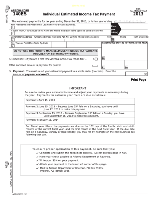 Fillable Arizona Form 140es Individual Estimated Income Tax Payment 2013 Printable Pdf Download