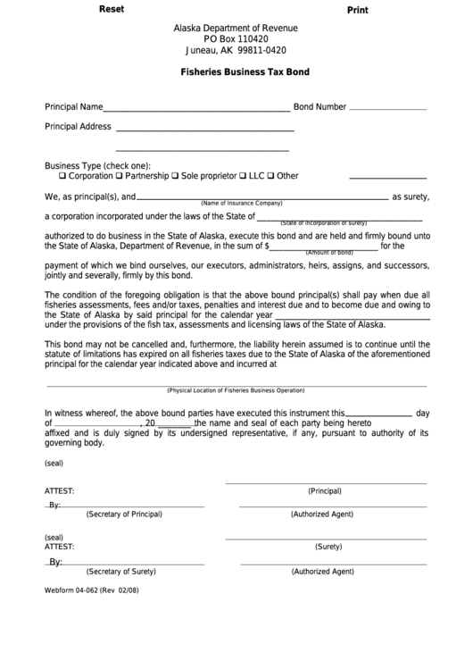 Fillable Form 04-062 - Fisheries Business Tax Bond Printable pdf