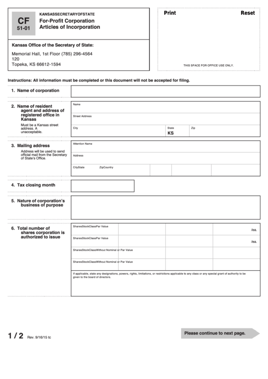 Fillable Form Cf 51-01 - Articles Of Incorporation For A For-Profit Corporation - Kansas Secretary Of State Printable pdf