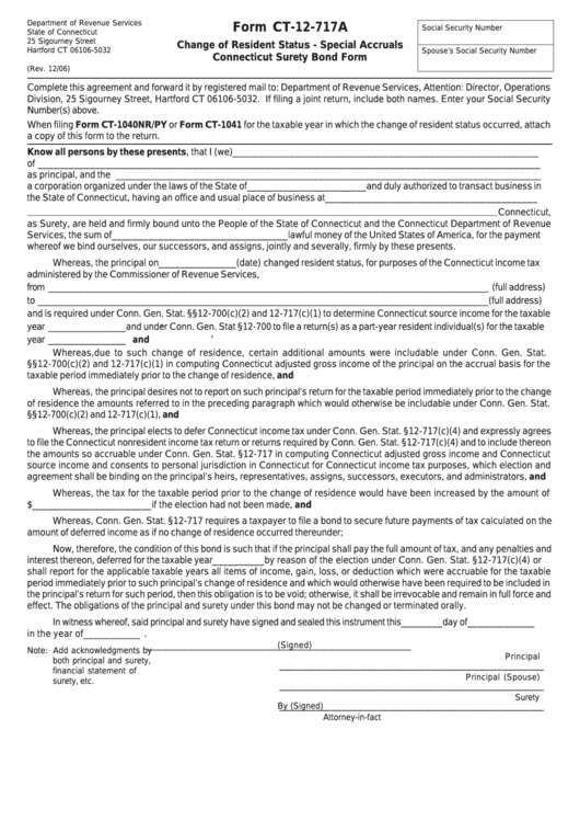Fillable Form Ct-12-717a - Change Of Resident Status - Special Accruals Connecticut Surety Bond Form Printable pdf