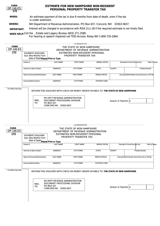 Form Dp-146-Es - Estimate For New Hampshire Non-Resident Personal Property Transfer Tax Printable pdf