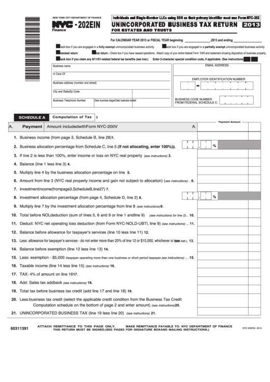 Form Nyc-202ein - Unincorporated Business Tax Return - 2013 Printable pdf