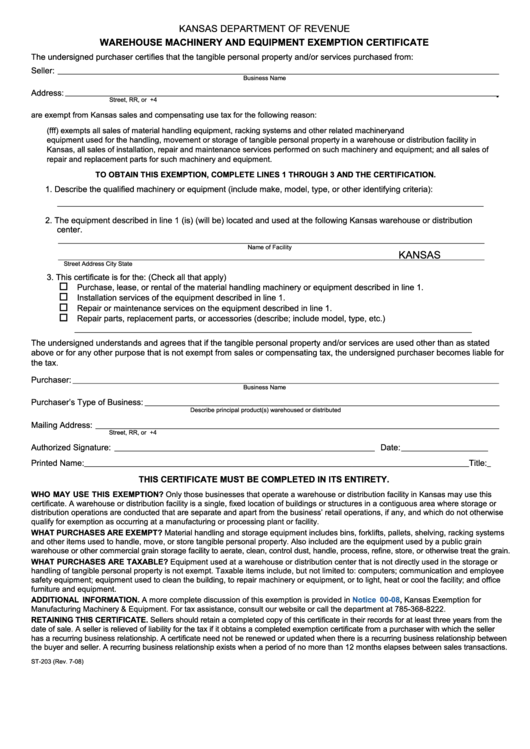 Fillable Form St-203 - Warehouse Machinery And Equipment Exemption Certificate - Kansas Department Of Revenue Printable pdf
