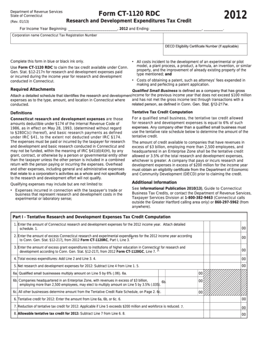 Fillable Form Ct-1120 Rdc - Research And Development Expenditures Tax Credit - 2012 Printable pdf