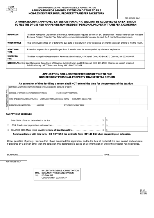 Form Dp-147 - Application For 6-Month Extension Of Time To File Non-Resident Personal Property Transfer Tax Return Printable pdf
