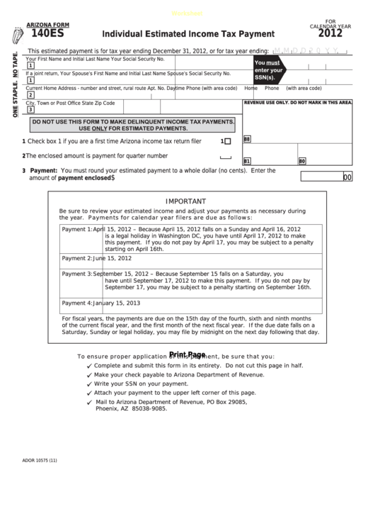 Fillable Arizona Form 140es - Individual Estimated Income Tax Payment - 2012 Printable pdf