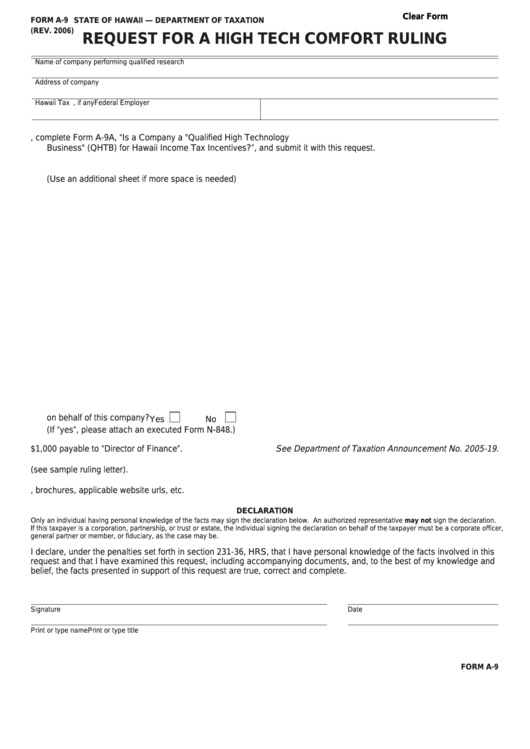 Fillable Form A-9 - Request For A High Tech Comfort Ruling Printable pdf