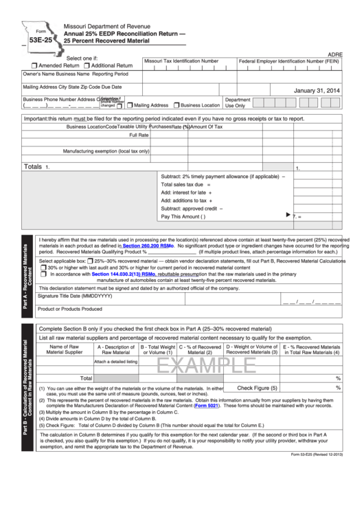 Fillable Form 53e-25 - Annual 25% Eedp Reconciliation Return - 25 Percent Recovered Material Printable pdf
