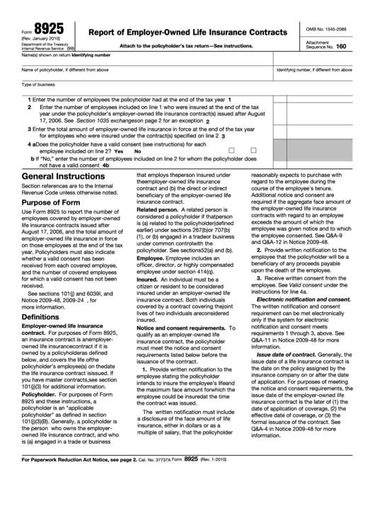 Fillable Form 8925 - Report Of Employer-Owned Life Insurance Contracts Printable pdf