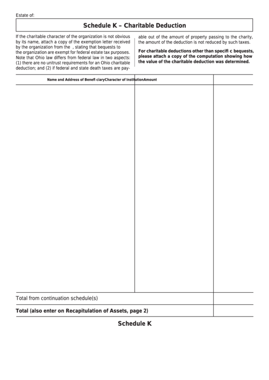 Fillable Schedule K - Charitable Deduction printable pdf download