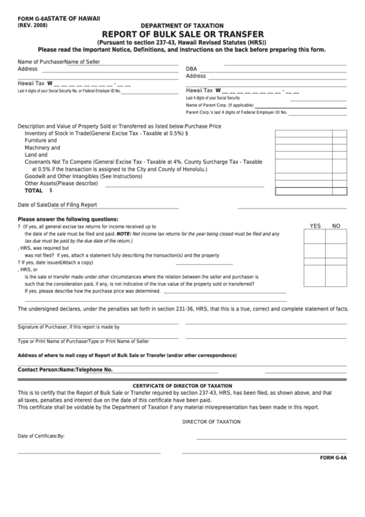 Fillable Form G-8a - Report Of Bulk Sale Or Transfer Printable pdf