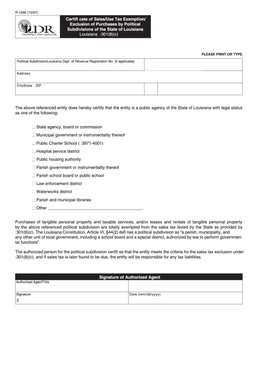 Fillable Form R-1056 - Certifi Cate Of Sales/use Tax Exemption/ Exclusion Of Purchases By Political Subdivisions Of The State Of Louisiana Printable pdf