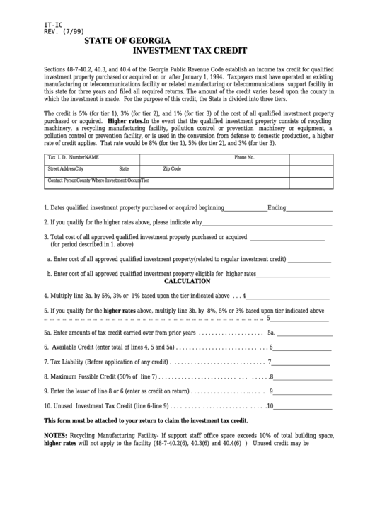 Form It-Ic - State Of Georgia Investment Tax Credit Printable pdf