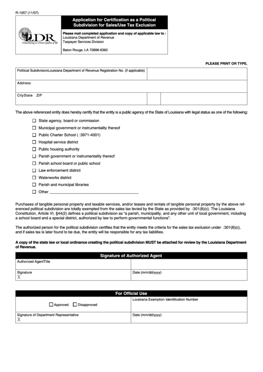 Fillable Form R-1057 - Application For Certification As A Political Subdivision For Sales/use Tax Exclusion Printable pdf