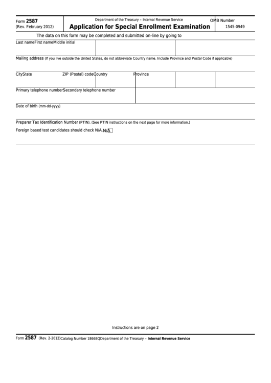 Fillable Form 2587 - Application For Special Enrollment Examination Printable pdf